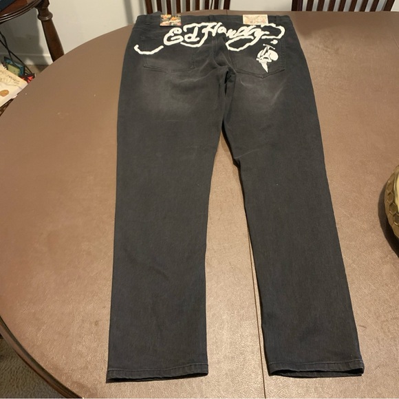 Ed Hardy Jeans Mens Sz 38x30 Black Embroidered Skull Denim Skinny - Picture 2 of 9